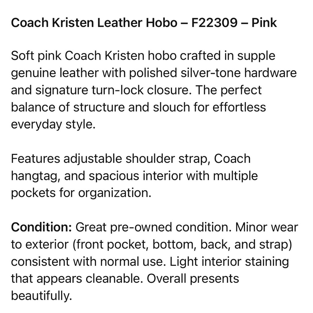LOW START IN SHOW ONLY Coach Kristen Leather Hobo – Style F22309 – Pink - Picture 2 of 16